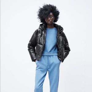 Zara Faux Leather Puffer Jacket Black Size Medium
